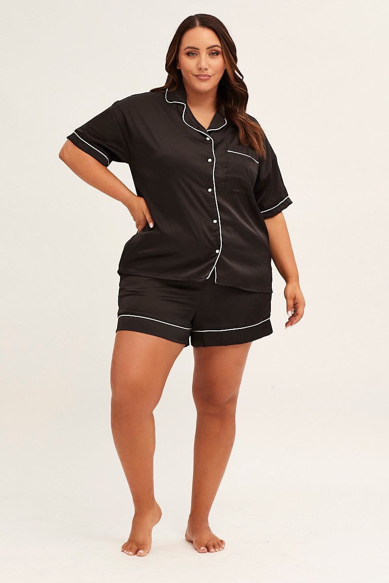 Black Pyjamas Set Short Sleeve Collared Shorts Satin