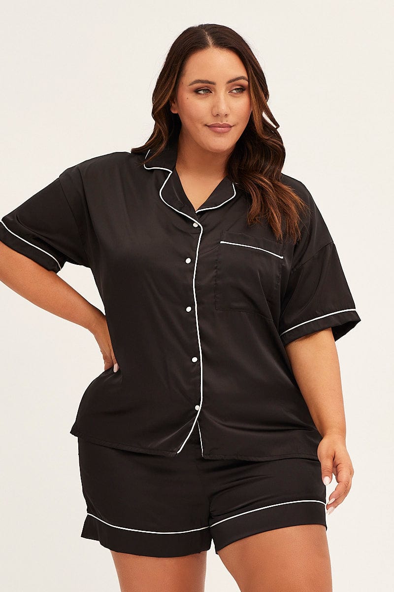 Black Pyjamas Set Short Sleeve Collared Shorts Satin