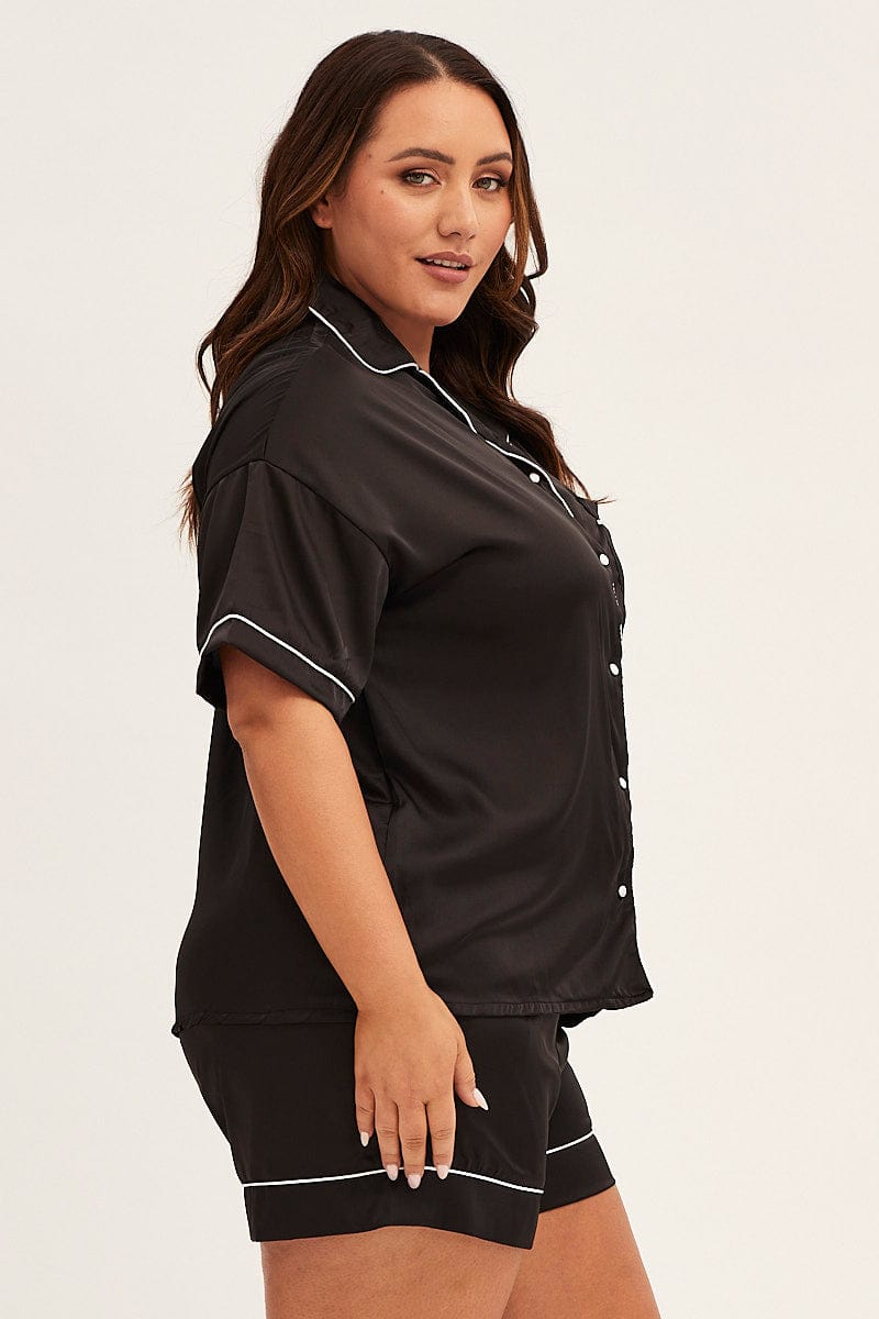 Black Pyjamas Set Short Sleeve Collared Shorts Satin