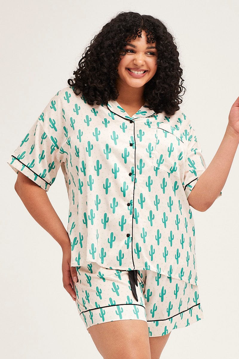 Print Pyjamas Set Short Sleeve Collared Shorts Satin