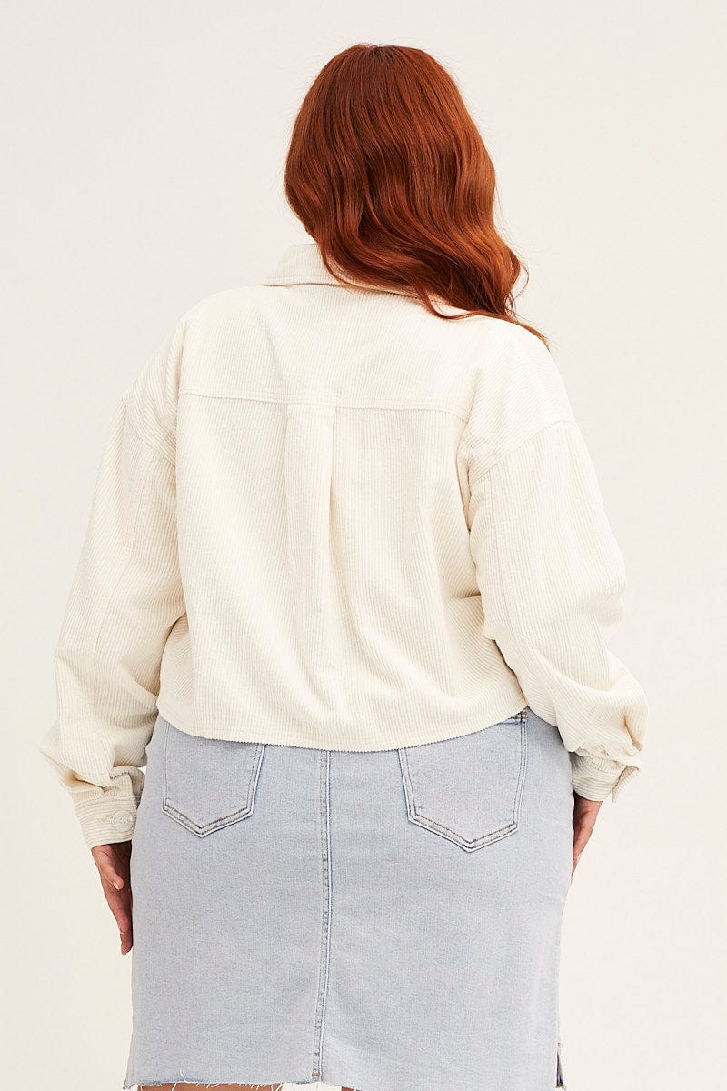 White Long Sleeve Semi Crop Cord Jacket