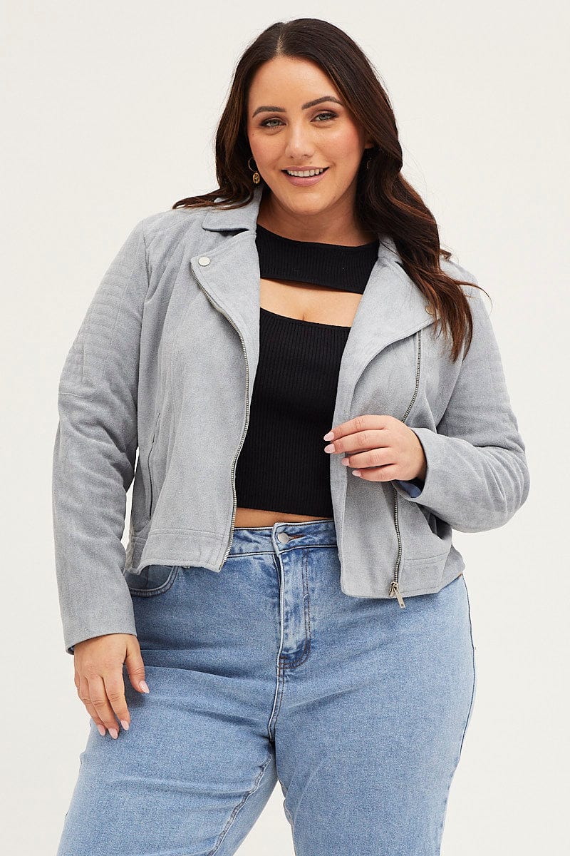 Ice Blue Front Jacket Long Sleeve Faux Leather Zip