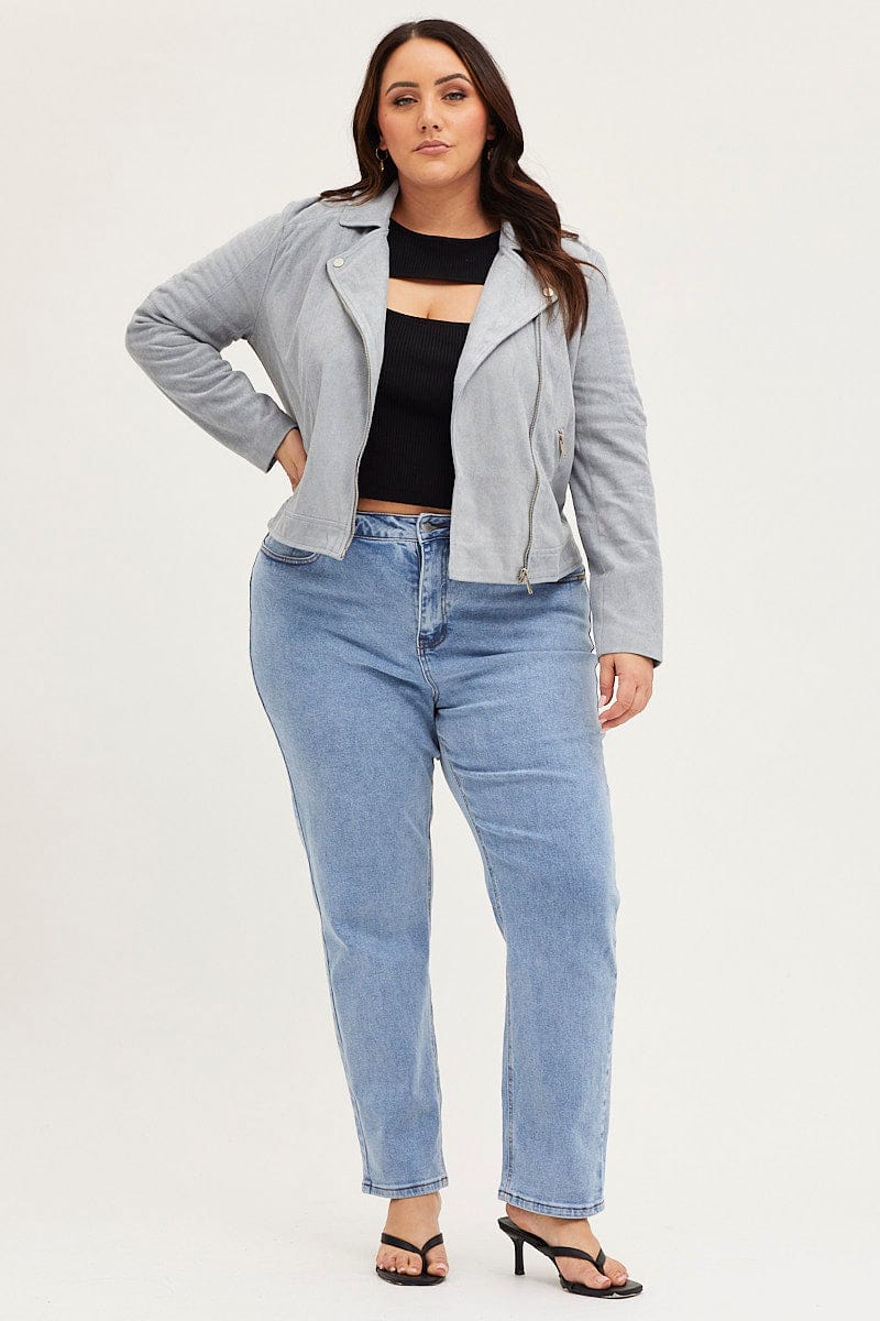 Ice Blue Front Jacket Long Sleeve Faux Leather Zip