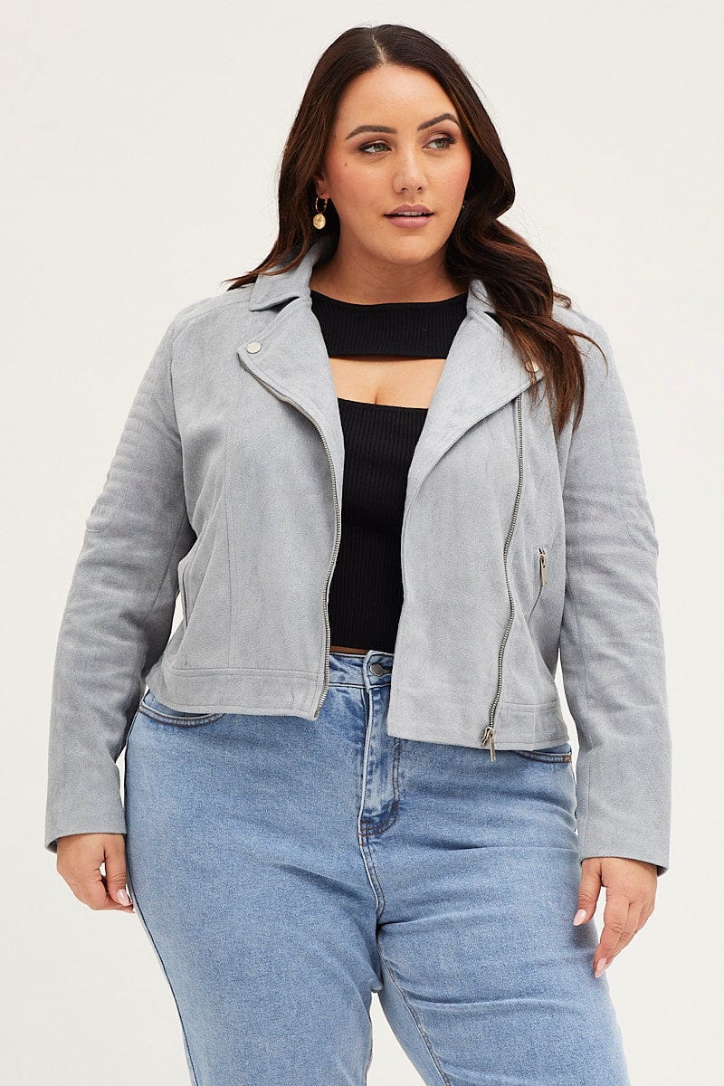 Ice Blue Front Jacket Long Sleeve Faux Leather Zip