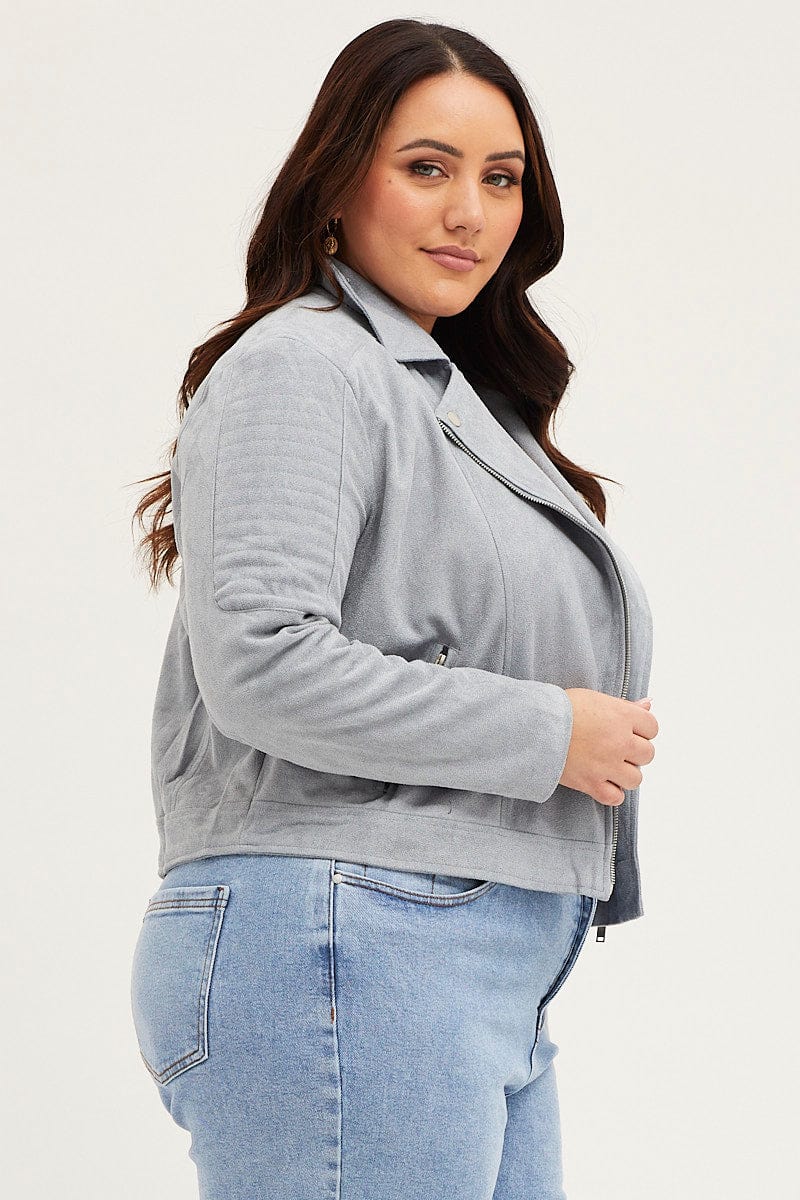 Ice Blue Front Jacket Long Sleeve Faux Leather Zip