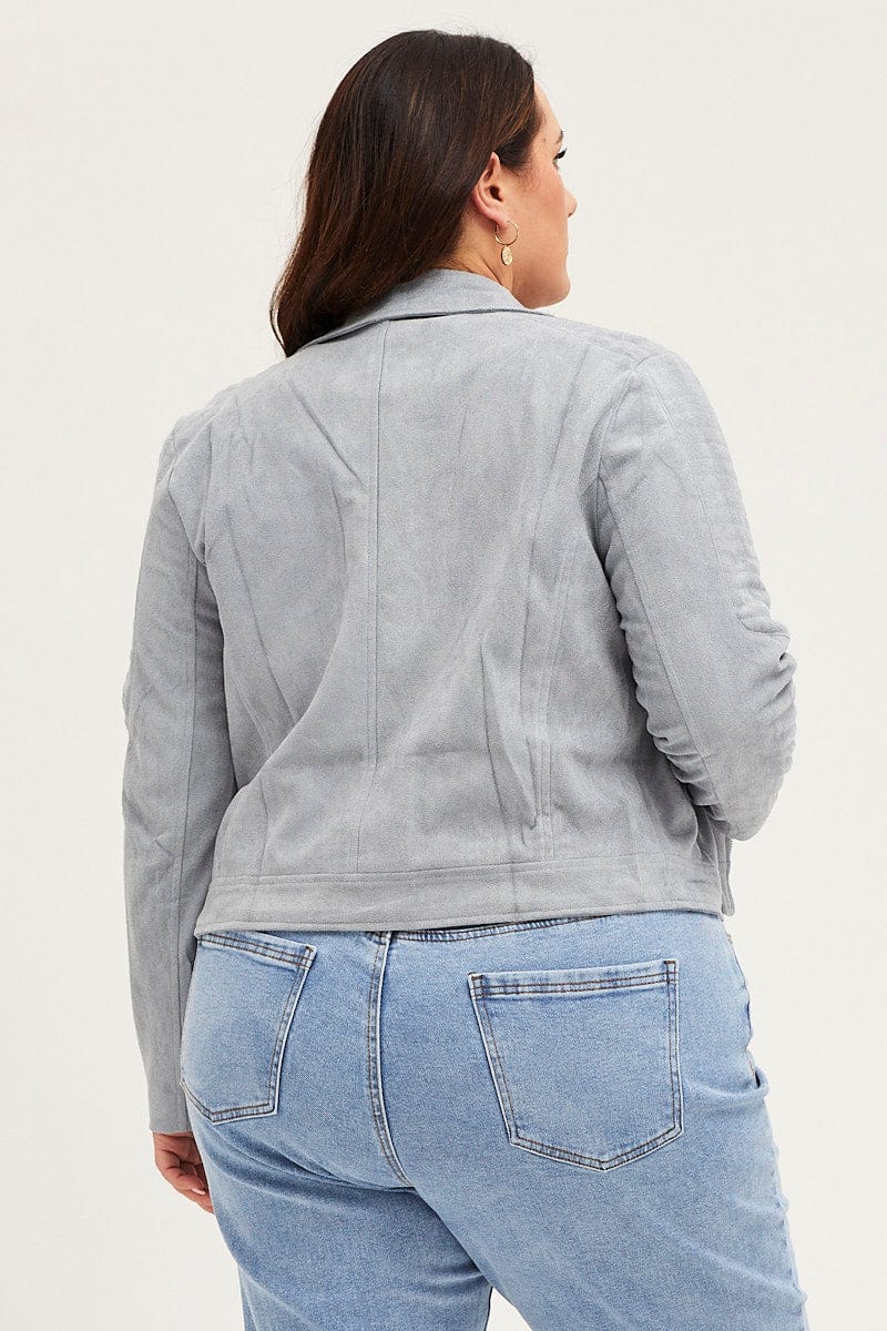 Ice Blue Front Jacket Long Sleeve Faux Leather Zip