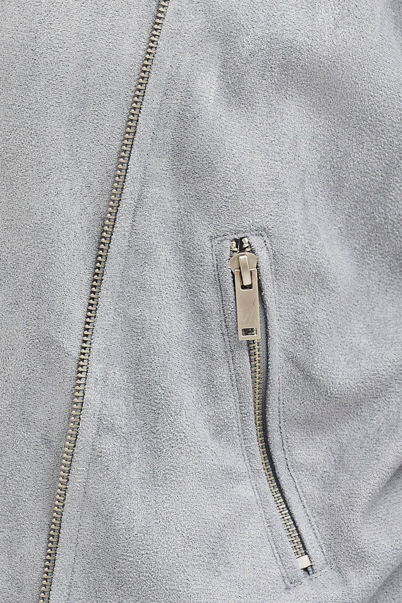 Ice Blue Front Jacket Long Sleeve Faux Leather Zip