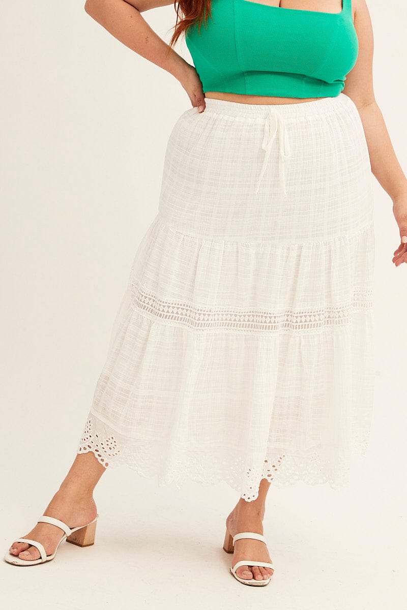 WHITE Elastic Waist White Lace Trim Maxi Skirt