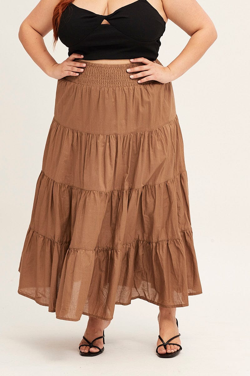Brown Maxi Skirt Cotton Blend Tie