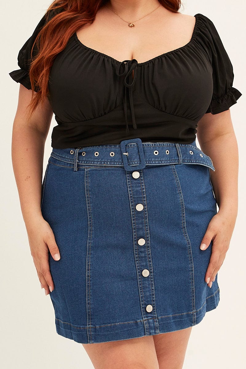 DENIM BLUE Mid Wash Denim Belted Button Front Mini Skirt