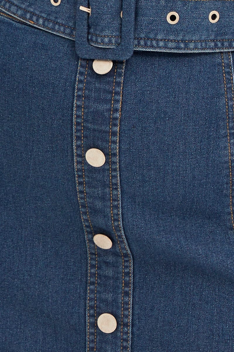DENIM BLUE Mid Wash Denim Belted Button Front Mini Skirt
