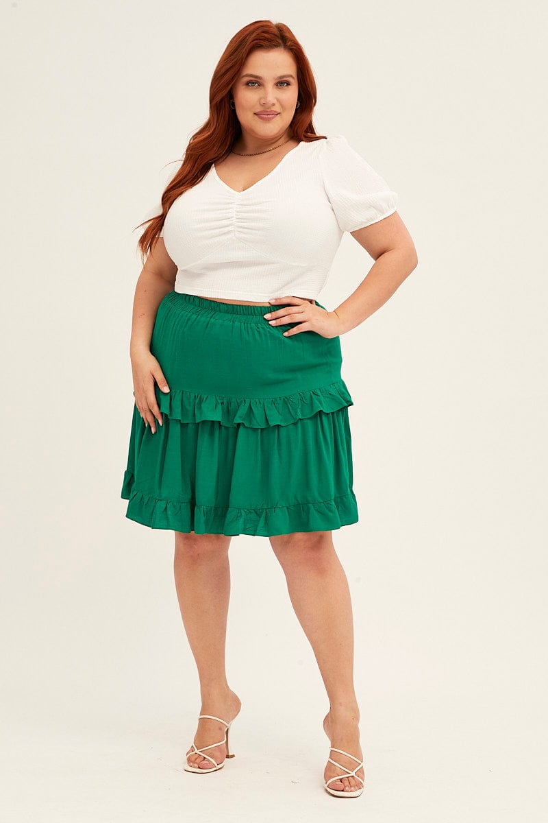 Green Mini Skirt Elastic Waist Frill Detail