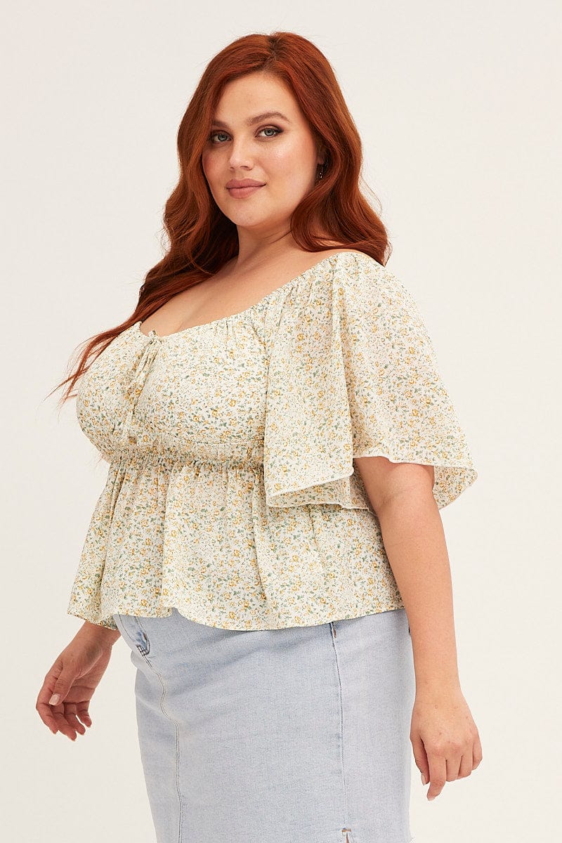 Floral Print Peplum Top Short Sleeve Ruched
