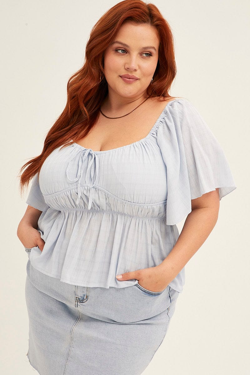 Blue Peplum Top Short Sleeve Gathered Bust Self Check