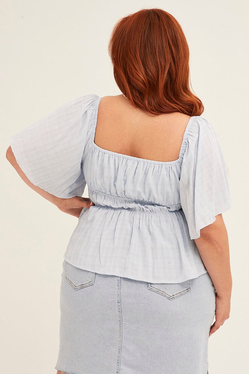 Blue Peplum Top Short Sleeve Gathered Bust Self Check