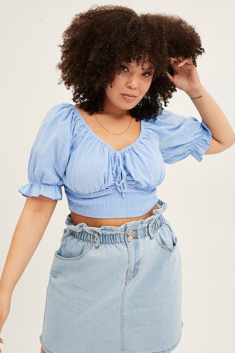 LIGHT BLUE Crop Top Short Sleeve Cut Out Cotton