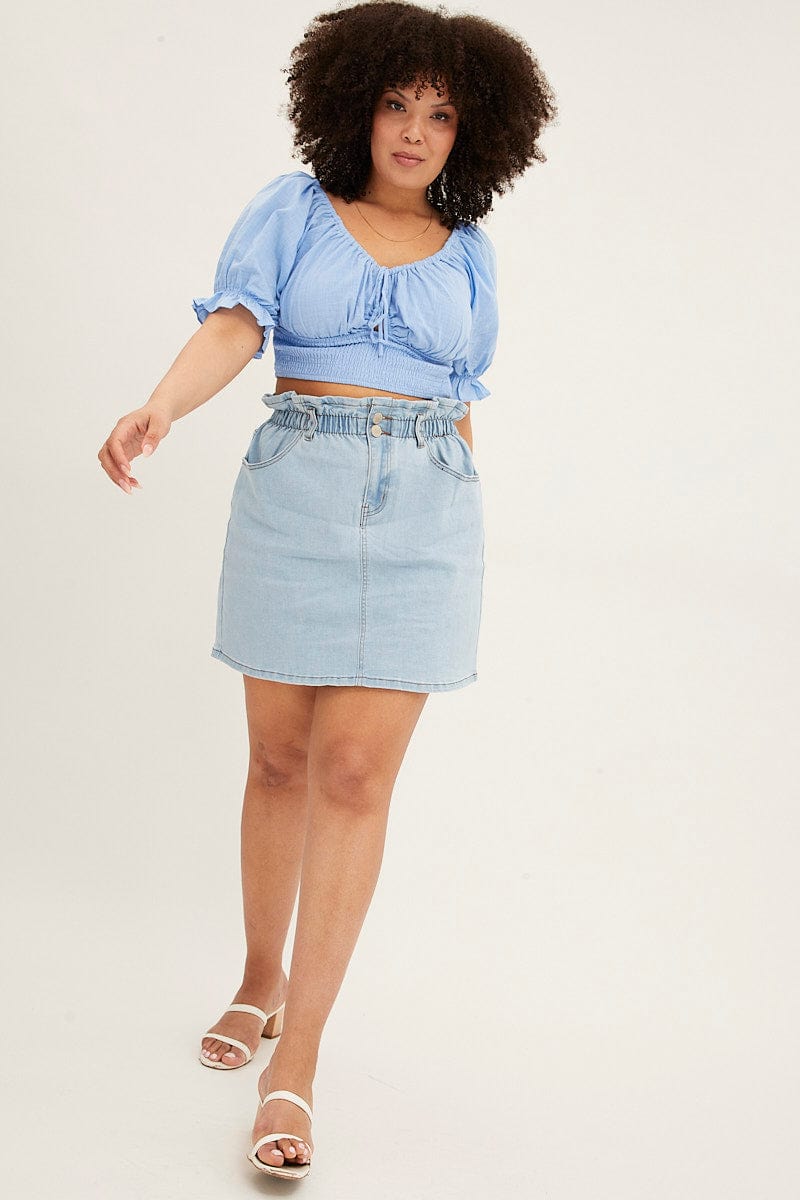 LIGHT BLUE Crop Top Short Sleeve Cut Out Cotton