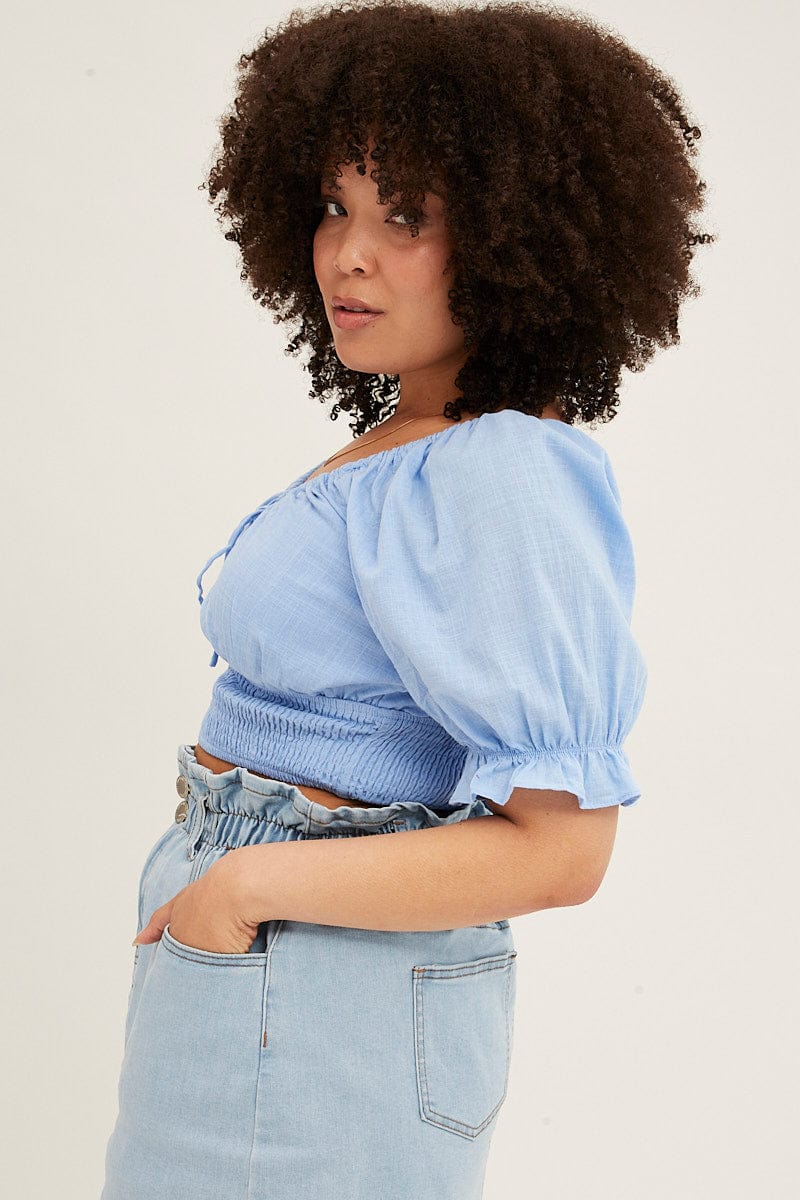 LIGHT BLUE Crop Top Short Sleeve Cut Out Cotton