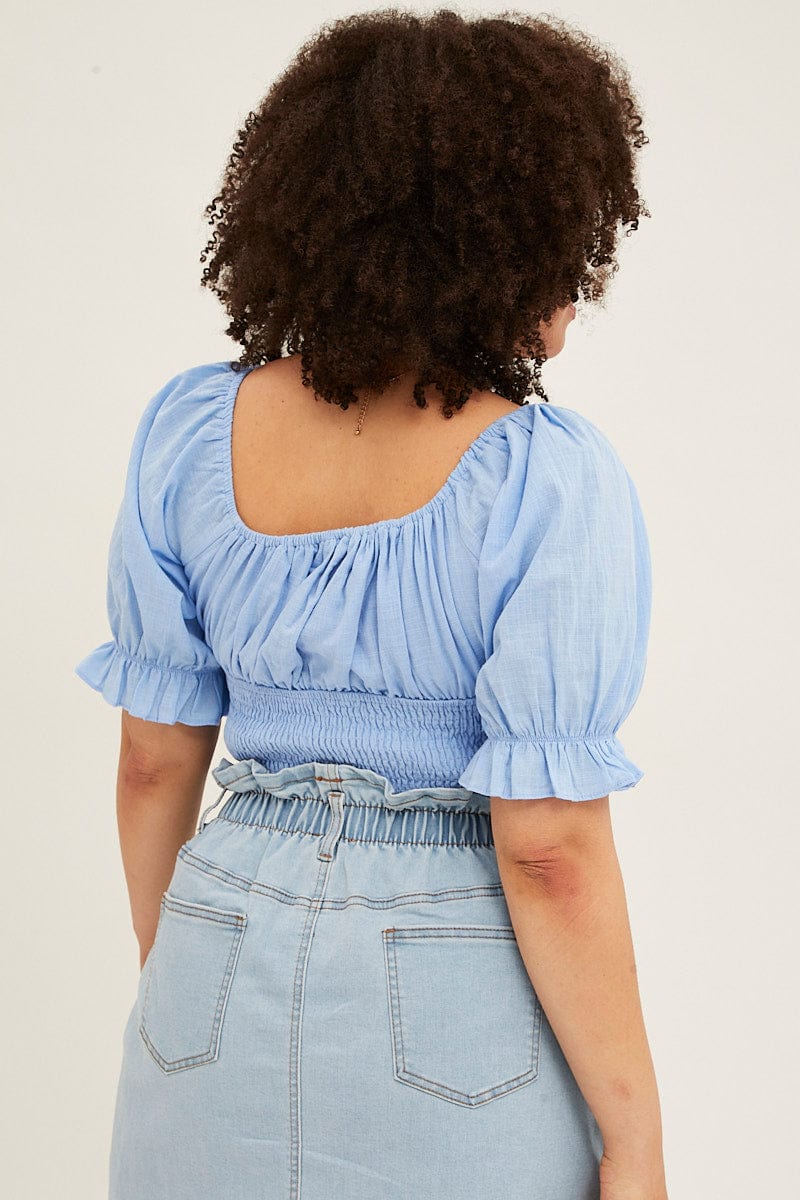 Light Blue Crop Top Short Sleeve Cut Out Cotton