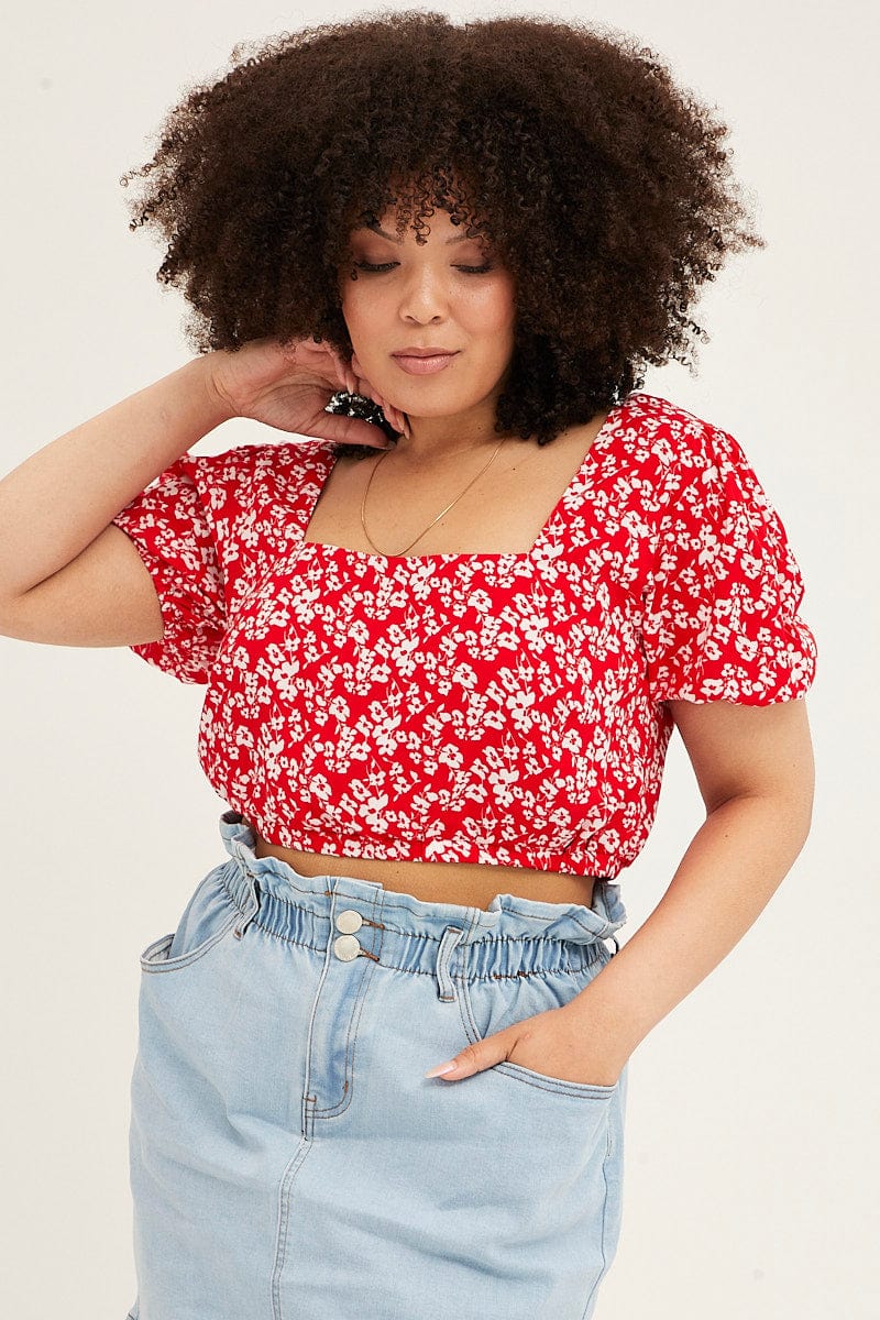 FLORAL PRT Puff Sleeve Floral Crop Top