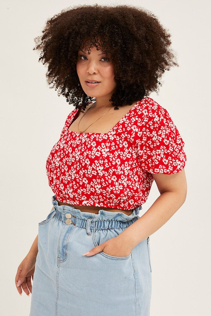 FLORAL PRT Puff Sleeve Floral Crop Top