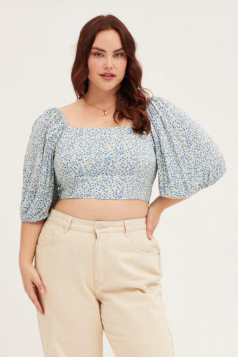 Ditsy Print Crop Top Short Sleeve