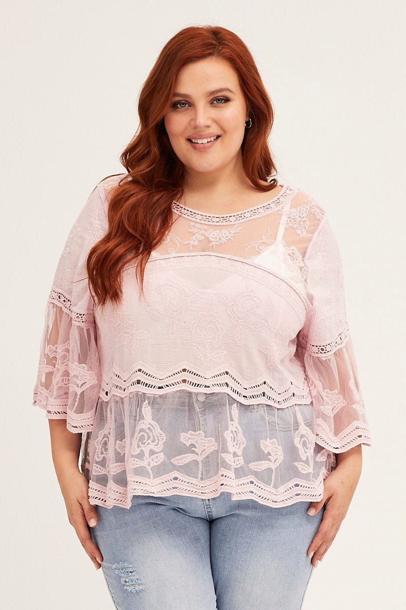 Products Pink Pink Short Sleeve Crochet Lace Shell Top