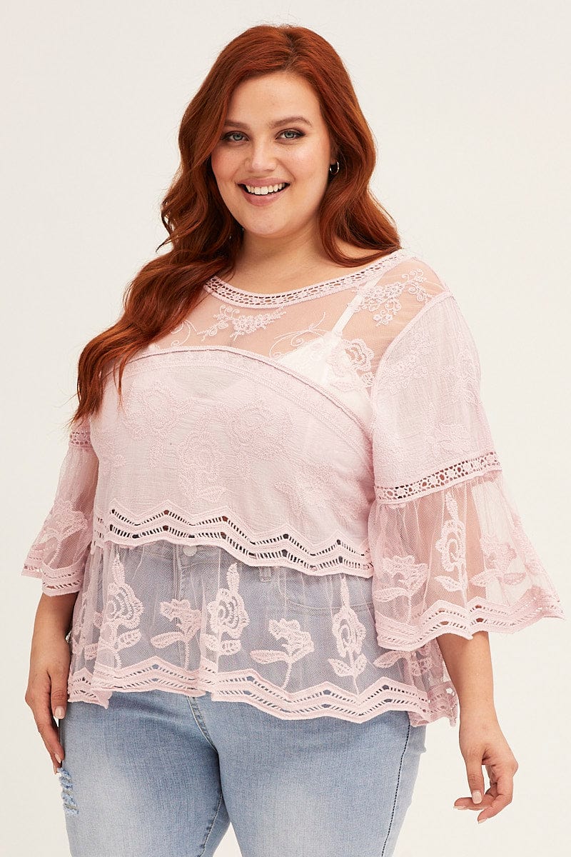 Products Pink Pink Short Sleeve Crochet Lace Shell Top