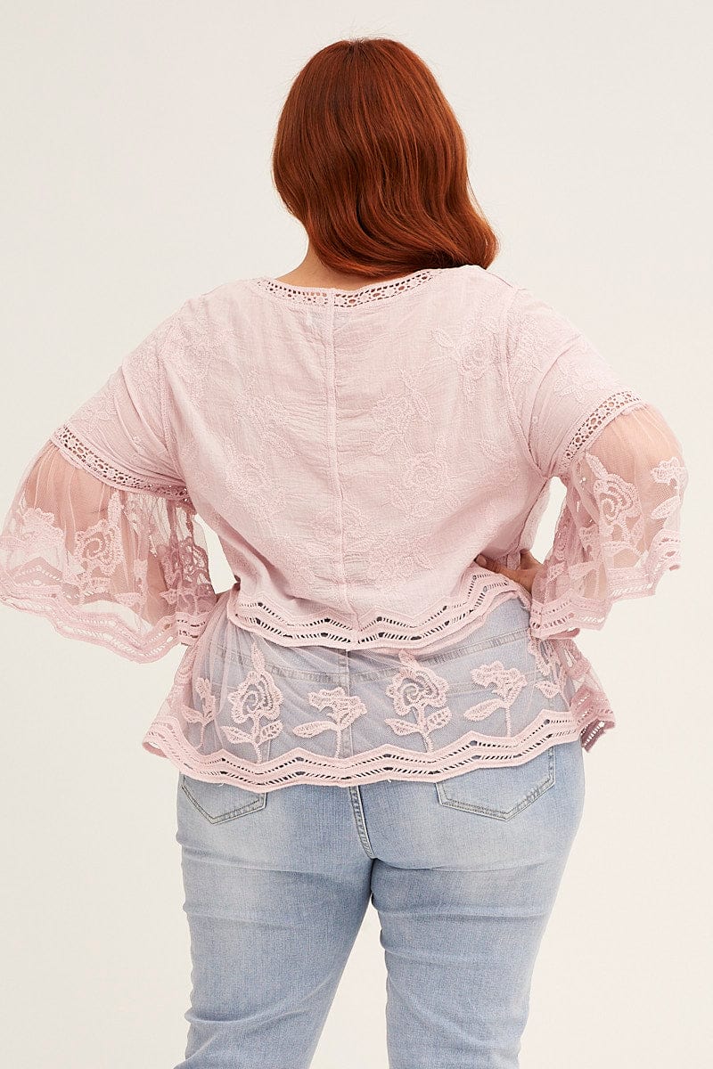 Products Pink Pink Short Sleeve Crochet Lace Shell Top