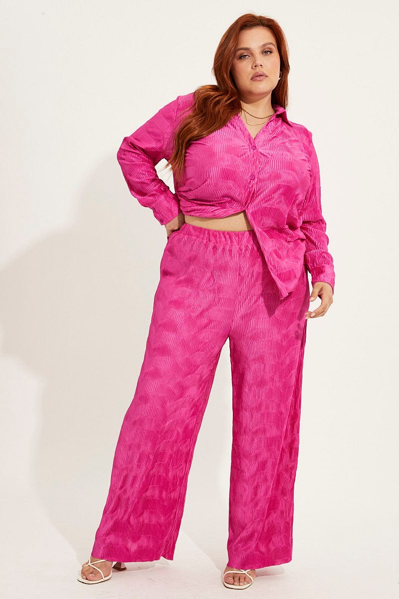 Hot Pink Plisse Shirt Long Sleeve