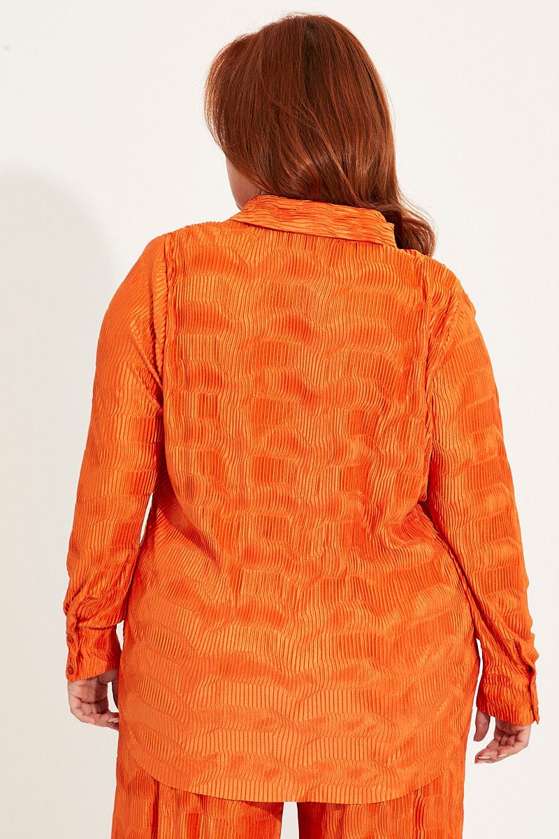 Orange Plisse Shirt Long Sleeve