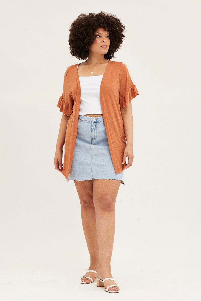 Camel Ruffle Sleeve Longline Cardigan-cck1576-81pb-2