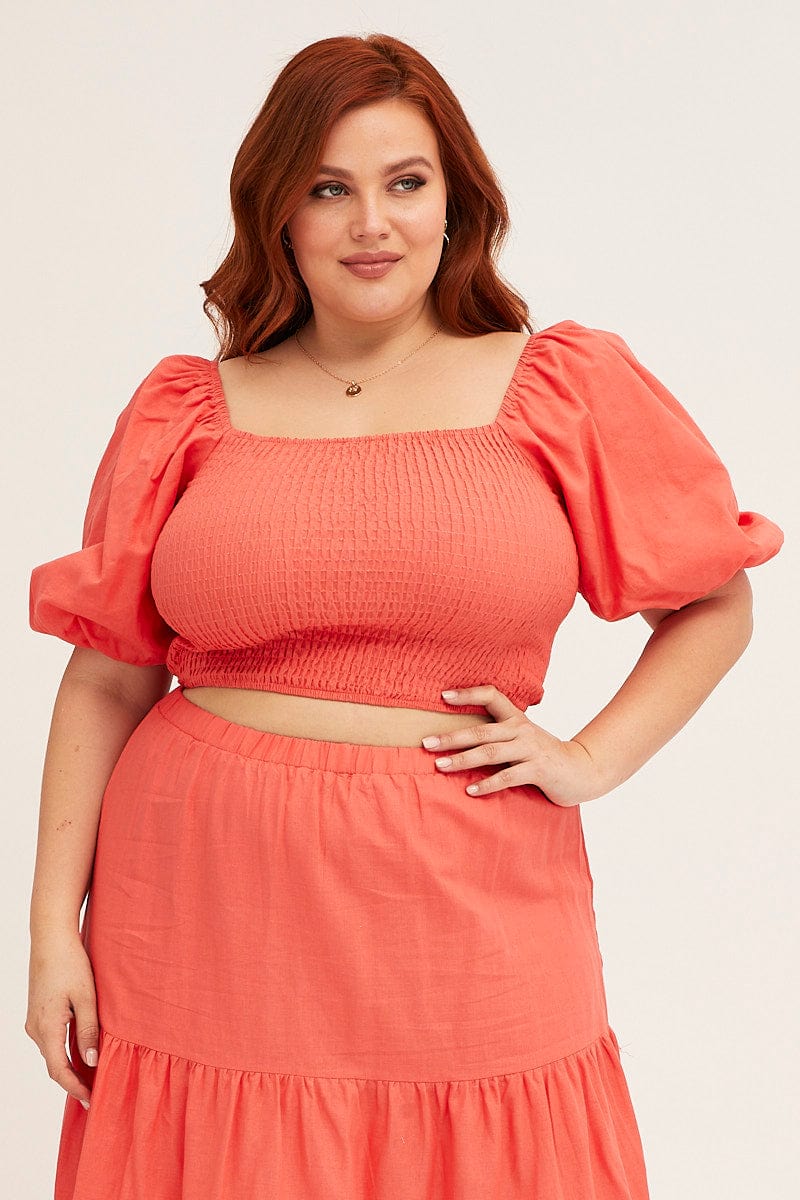 Orange Orange Linen Blend Shirred Semi Crop Top-cwc8347-38r-1