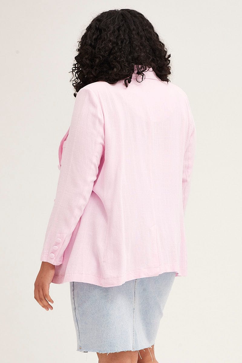 Pink Linen Blend Covered Button Long Sleeve Blazer-coj31726-34ab-5