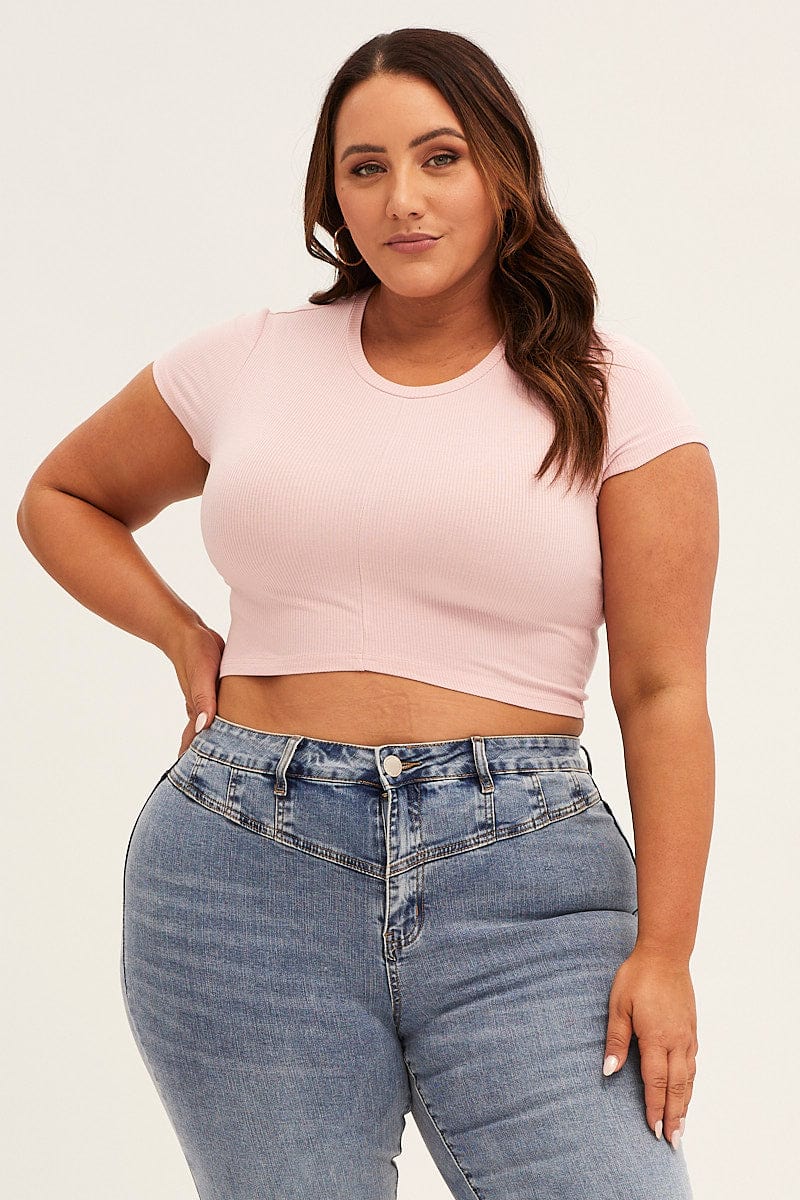 Pink Rib Top Plus Size Pink Short Sleeve Pink Crop Rib Jersey Top |You + All | Shop ...