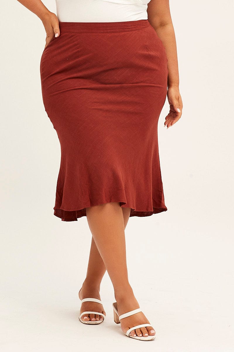 Rust Elastic Waist Bias Terracotta Linen Blend Skirt-csm8354-38ab-2