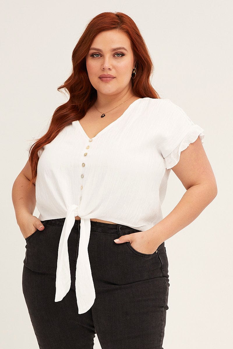 White Short Sleeve Tie Front Button Top-cwc1011-36r-3