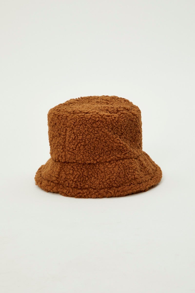 Brown Plus Teddy Borg Bucket Hat For Women By You And All