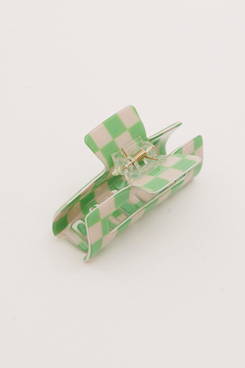 Green Rectangle Check Print Claw Clip