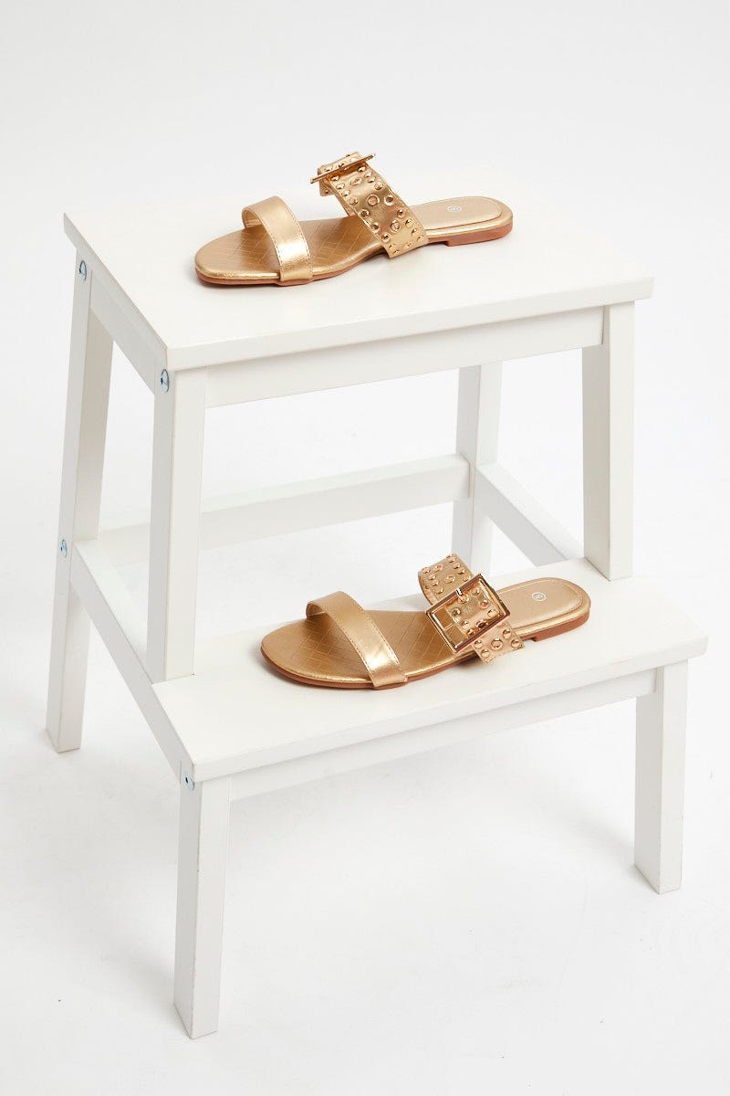 Metallic Buckle Detail Flat Slides For Women By You And All