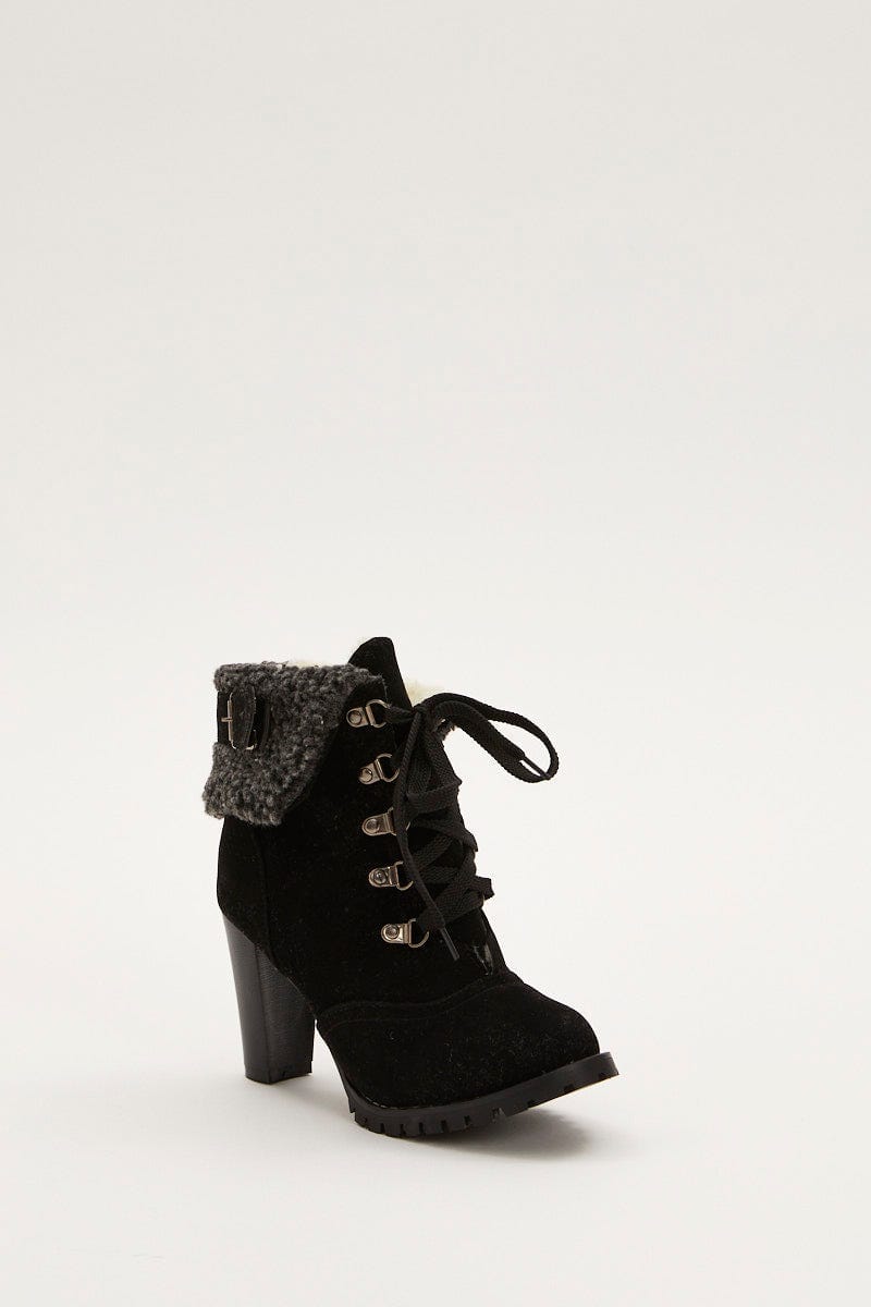 Black Fur Trim Heeled Hiking Boots For Women By You And All