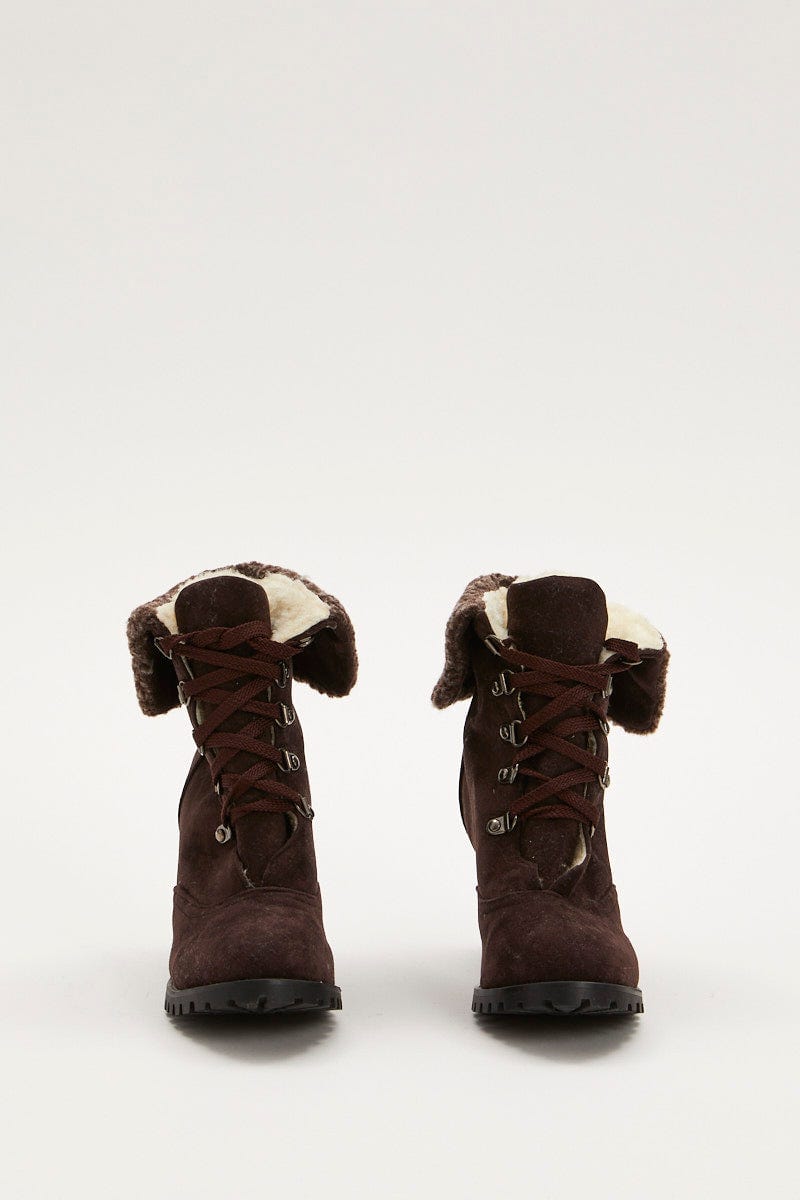 Brown Fur Trim Heeled Hiking Boots For Women By You And All