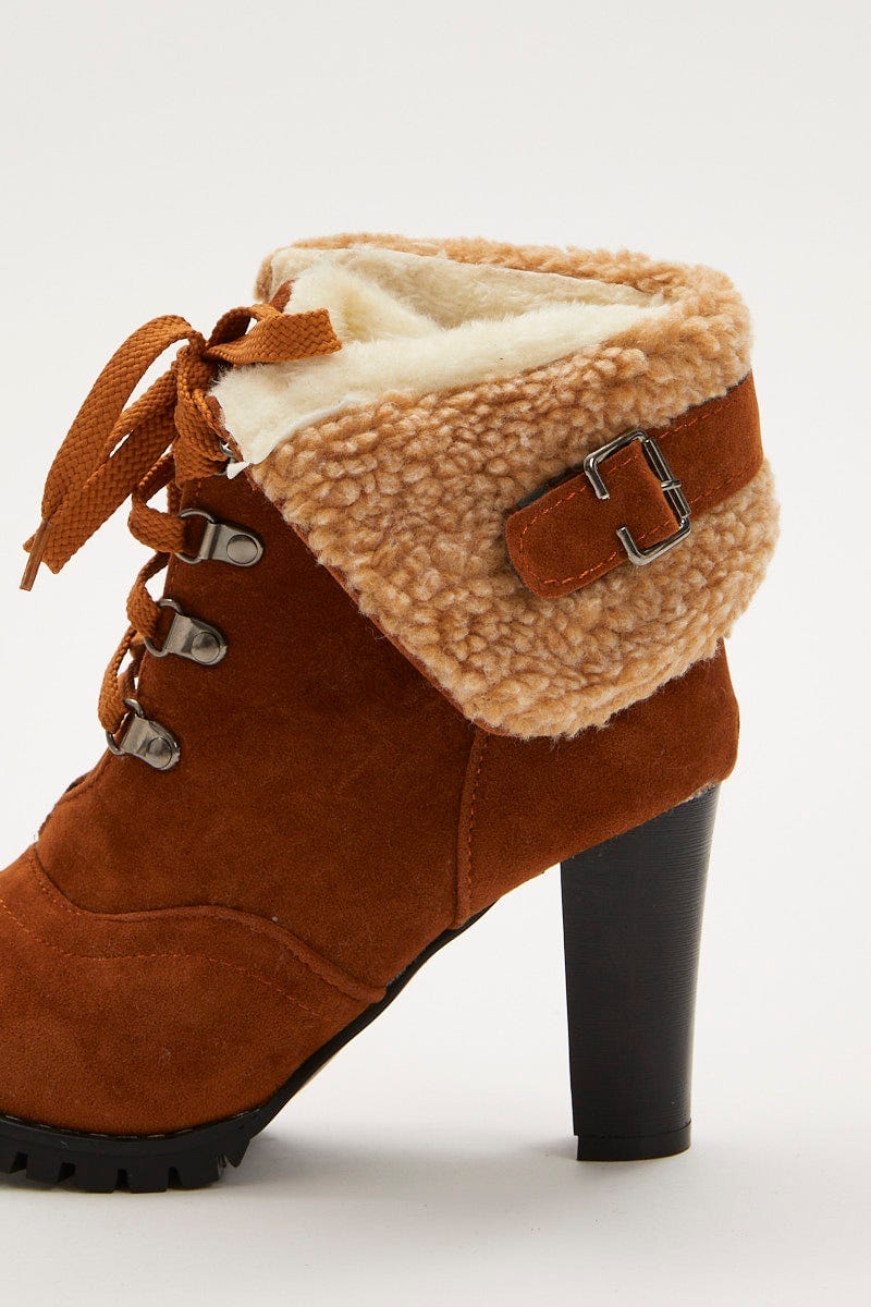 Brown Fur Trim Heeled Hiking Boots For Women By You And All