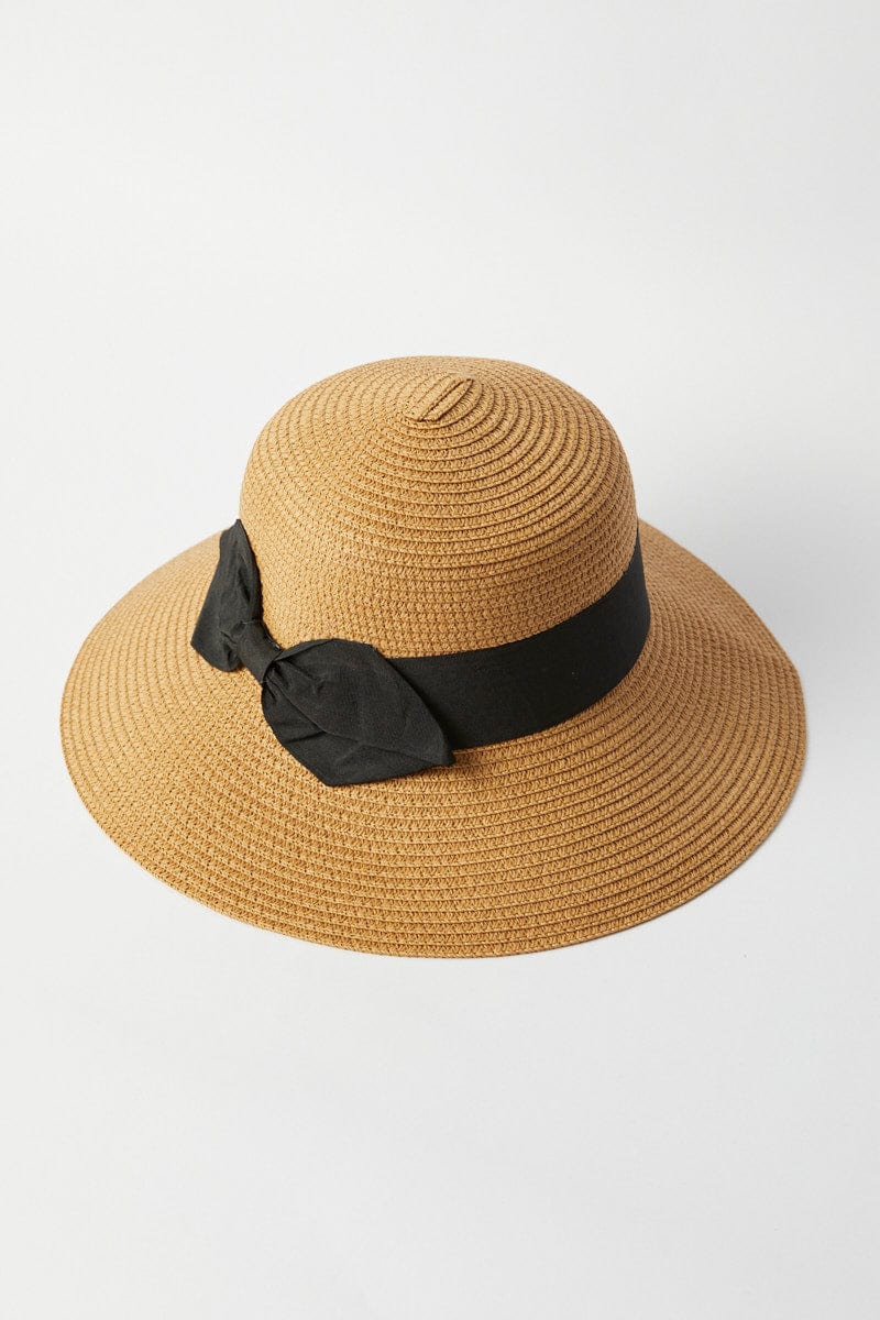 Beige Wide Brim Straw Hat with Bow for YouandAll Fashion