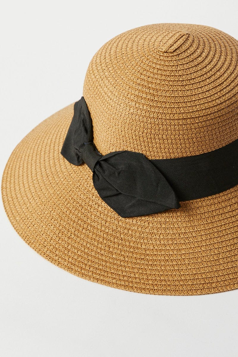 Beige Wide Brim Straw Hat with Bow for YouandAll Fashion