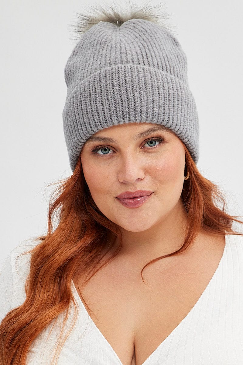 Grey Faux Fur Pom Pom Beanie for YouandAll Fashion