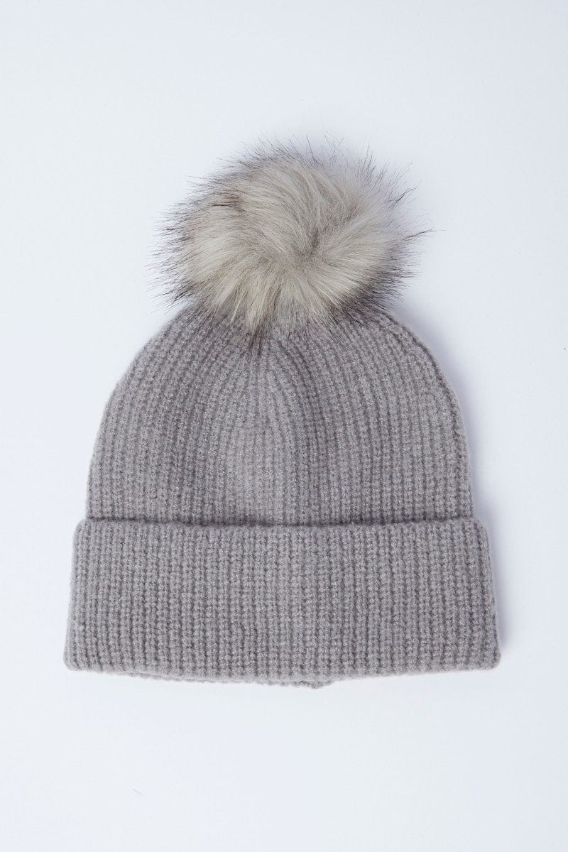 Grey Faux Fur Pom Pom Beanie for YouandAll Fashion