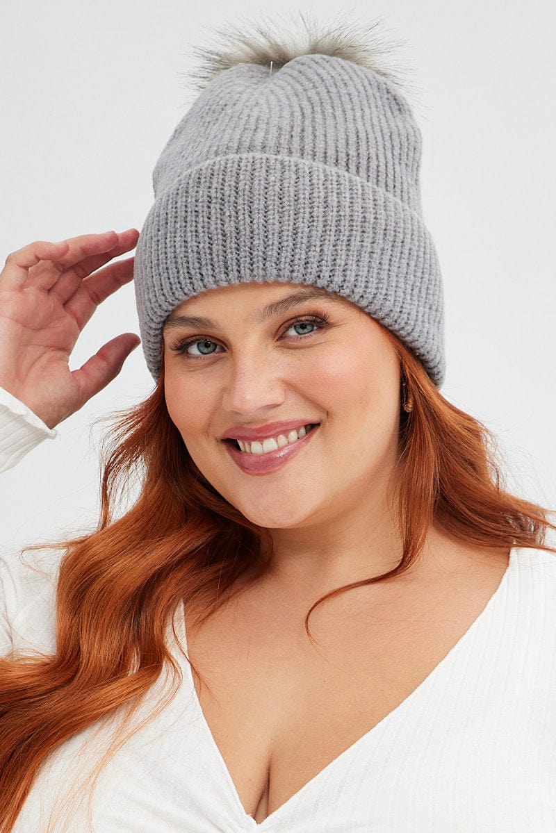 Grey Faux Fur Pom Pom Beanie for YouandAll Fashion