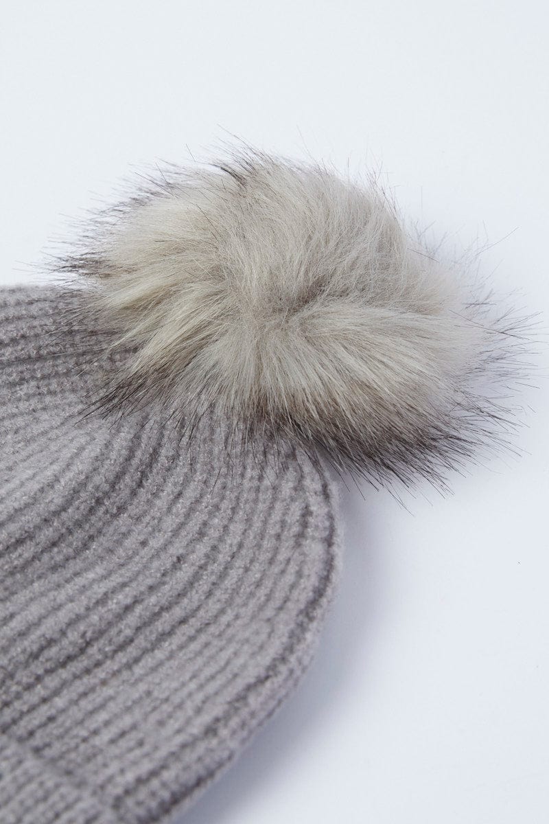 Grey Faux Fur Pom Pom Beanie for YouandAll Fashion