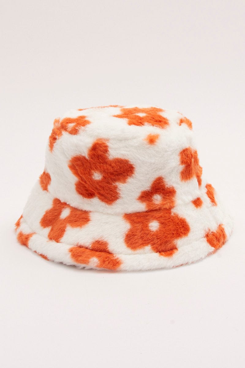 Orange Floral Print Faux Fur Bucket Hat for YouandAll Fashion